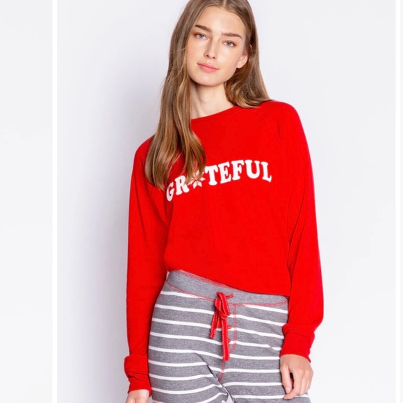 PJ Salvage Happy Happy Joy Joy Grateful Long Sleeve Sweatshirt Red Size Large - Picture 11 of 11